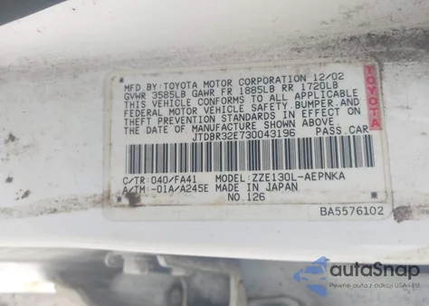 2003 Toyota Corolla Le z USA, uszkodzony, nr VIN JTDBR32E730043196